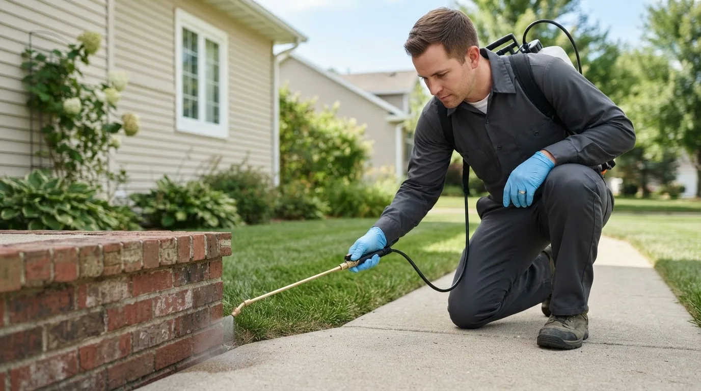 Pest control technician treating a home near Saint Michael, ND