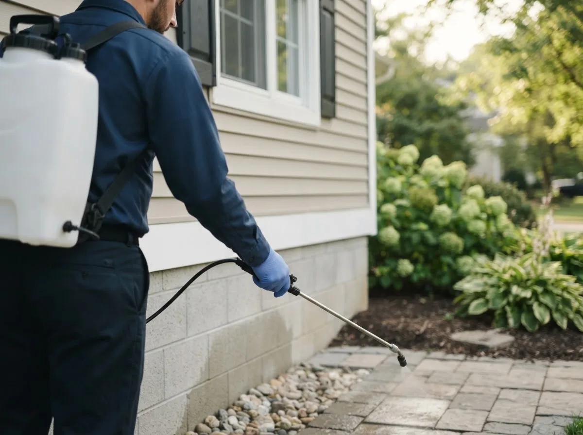 Pest control technician inspecting a home in Saint Michael, ND
